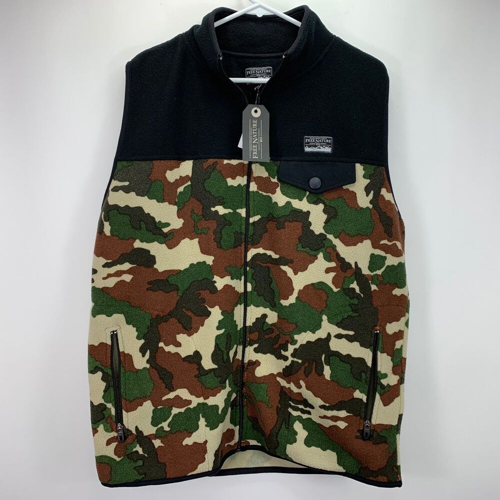 Free Nature NYC Mens Color-Block Full Zip Fleece Sweater Vest Camo S